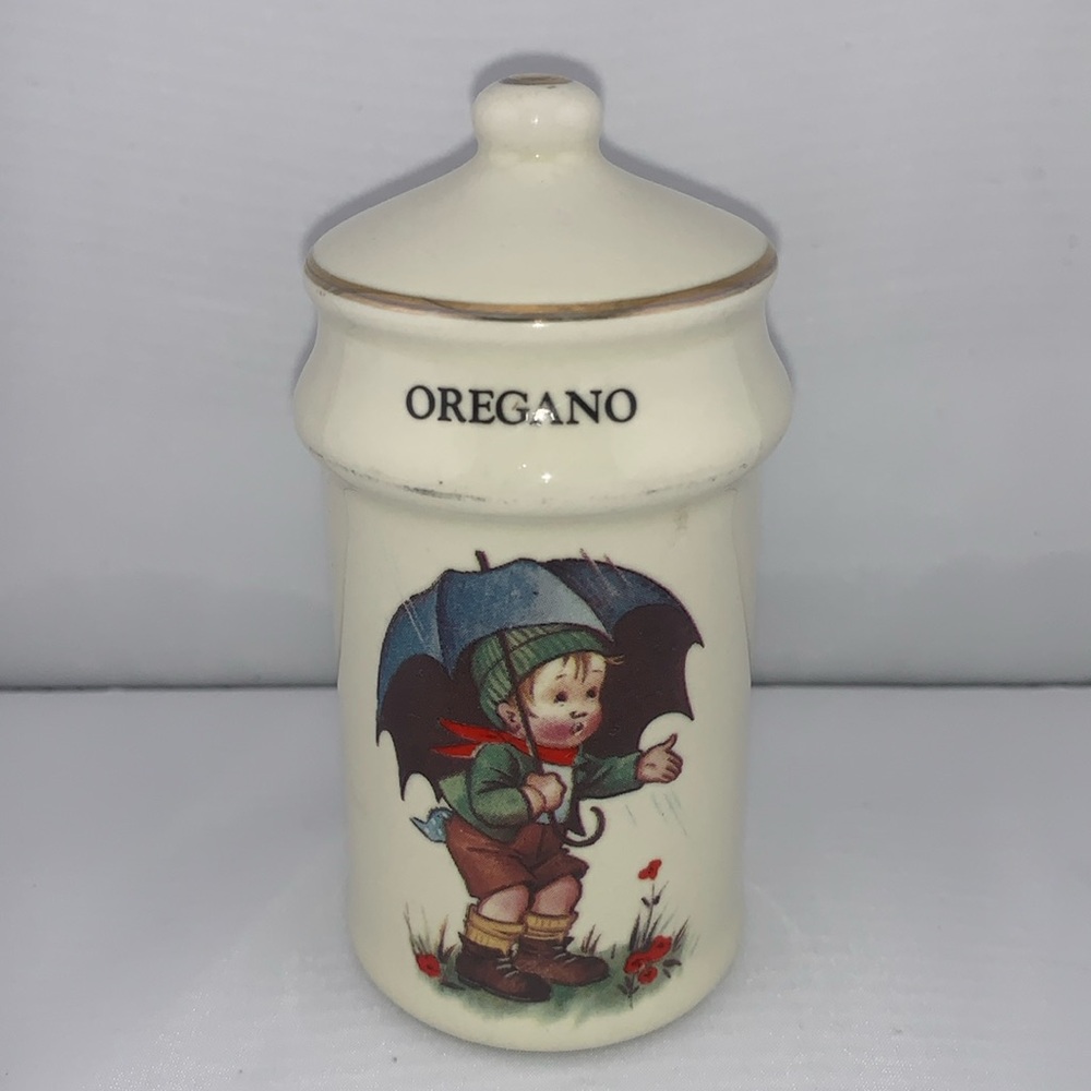 Vintage Oregano JSNY Spice Shaker Cream Colored Container Umbrella Boy Hummel